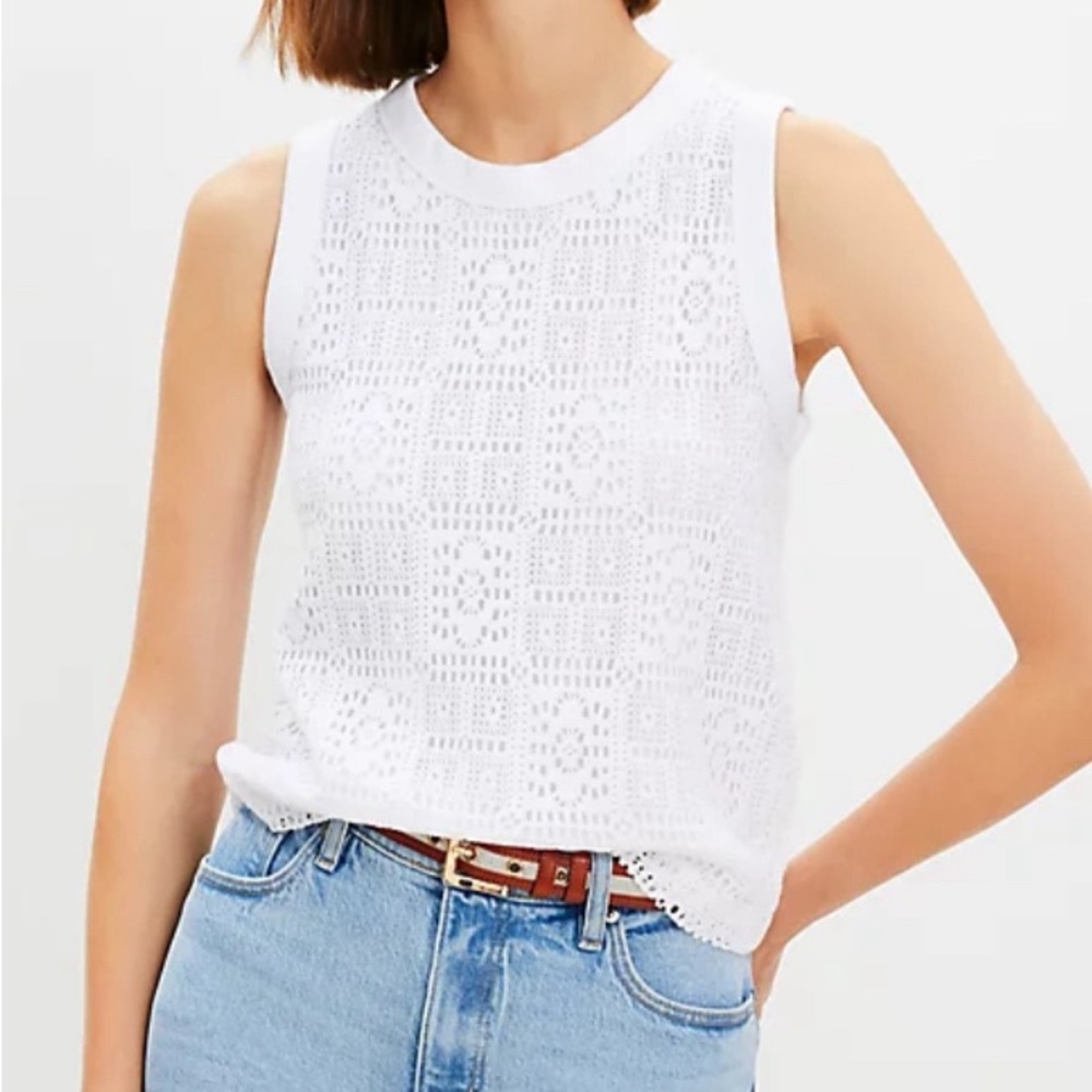 The Loft crocheted shell lined white tank